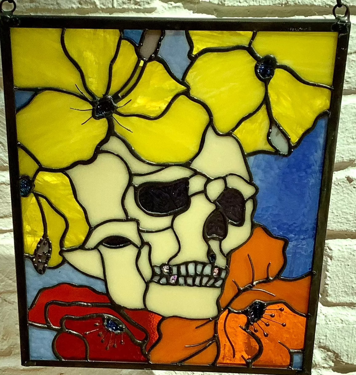 Skull with Poppies Stained Glass