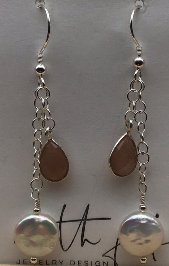 Peach Moonstone-Pearl Earrings