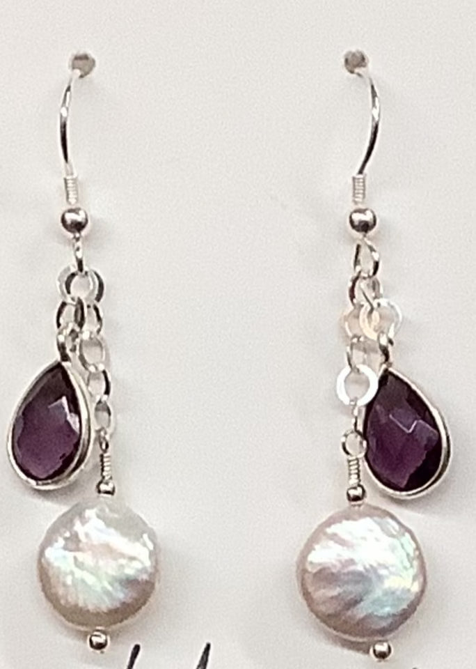 Purple Quartz and Pearl Dangle Earrings